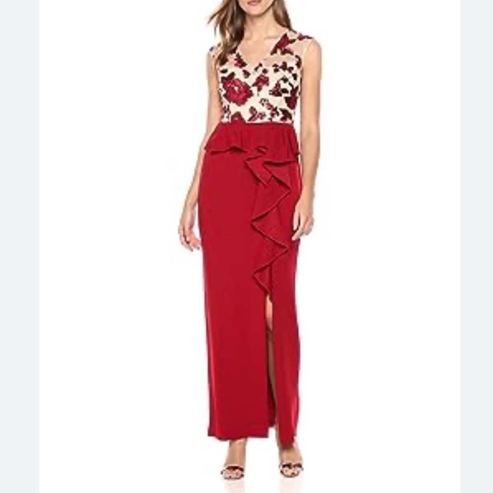 Adrianna Papell Floral Sequin Peplum Dress Size 4 Mother Of The Bride Slit Women